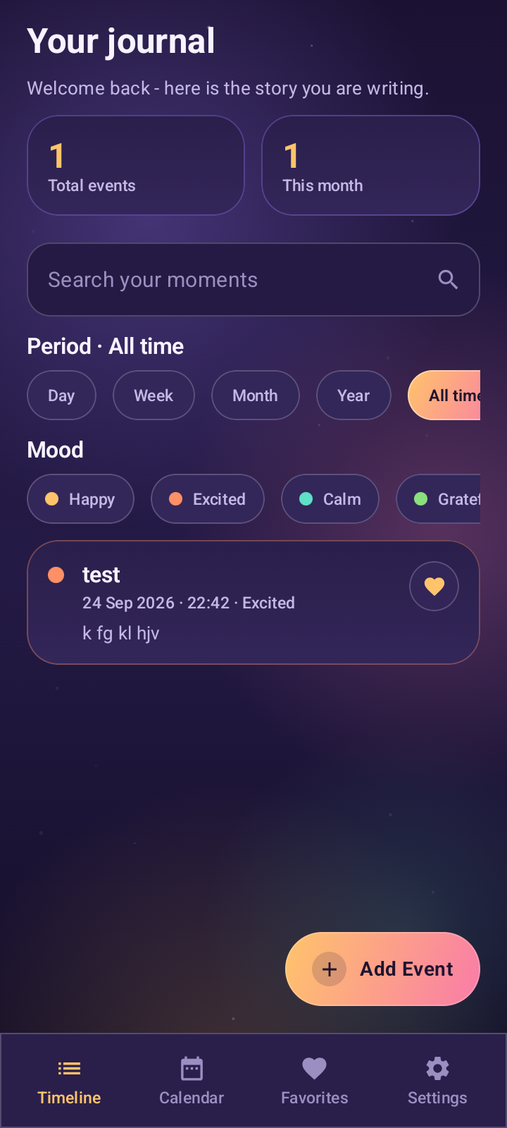 Event Diary timeline screen
